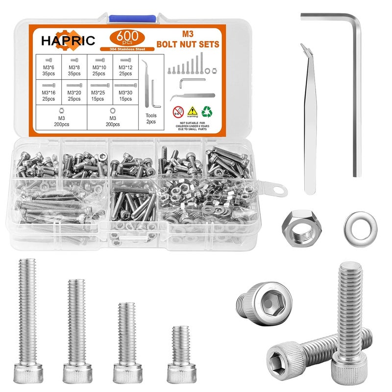 Hapric 600 Pcs M3 Screws Assortment Kit Metric Screw Kits Nuts and Bolts Assortment Kit M3 x 6mm /8mm /10mm /12mm /16mm /20mm /25mm/30mm Metric Machine Screw Kit (304 Stainless Steel Hex Socket Head) - Image 1